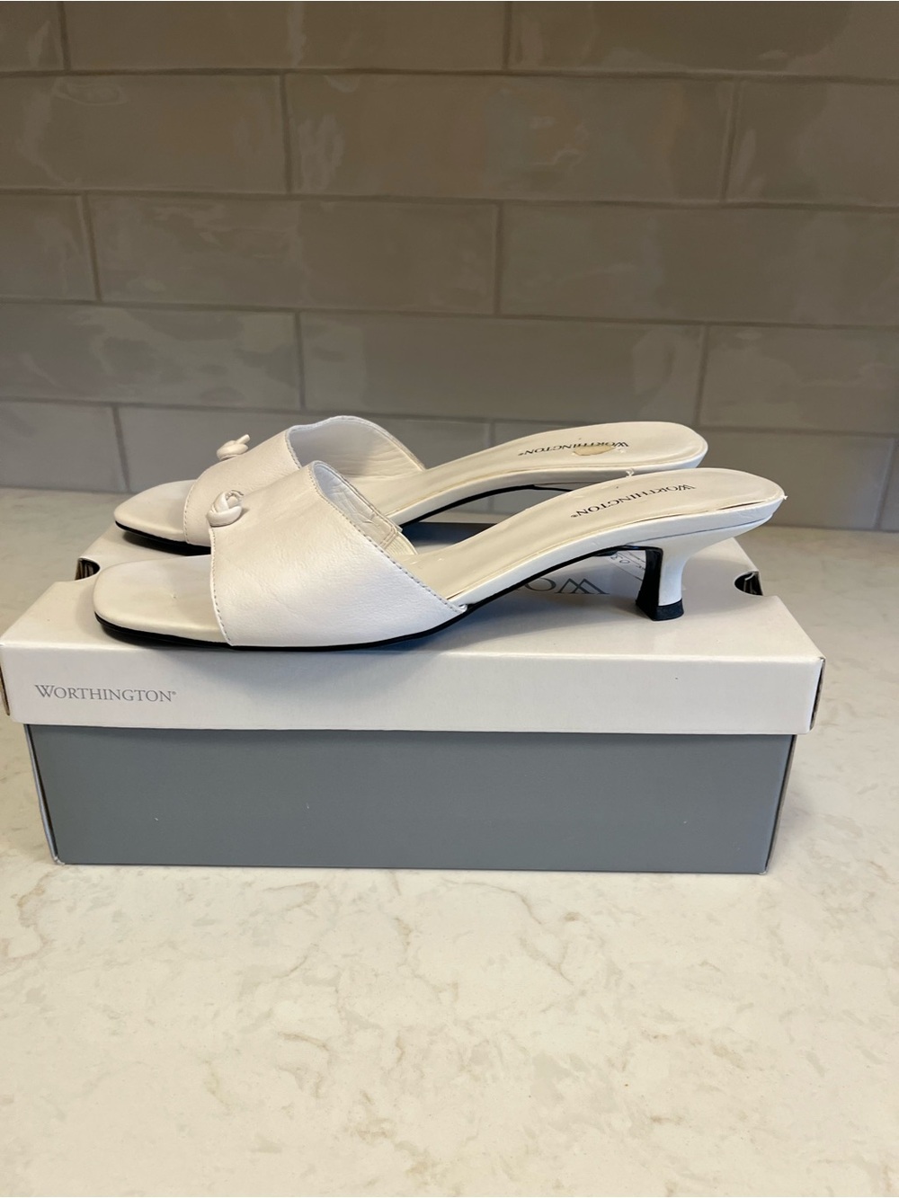 Worthington White Leather Knotted Slide Mules